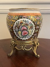 1970s  Chinese Famille Rose Medallion porcelain planter, gilded cast-metal stand picture