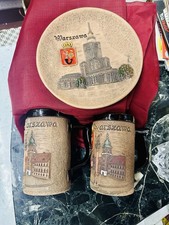 Vintage Polish Ceramic Souvenir Lot - Warszawa Wall Plate & 3D Relief Mugs picture