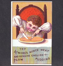 Atmores Mince Meat 1800's Ad Eager Pie Boy Plum Victorian Advertising Trade Card picture