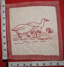 Vintage/Antique Cutter Quilt Piece Block Embroidered Redwork Ducks Fowl picture