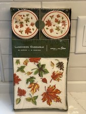 Vintage Luncheon Napkin Coaster Set Autumn Fall Leaves Event Entertain MCM Dine picture