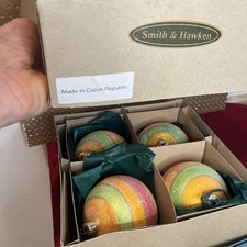 Smith & Hawken Vintage Czech Republic Glass Striped Gitter Round Ornament Set 4 picture