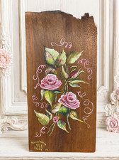 Vintage Wood Hand Painted Plaque Folk Art Rose Flower Raw Edges 1979 Signed picture