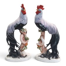 Lefton China Long Tail Rooster Figurines Vtg Made In Japan Set Of 2 Hand-Painted picture