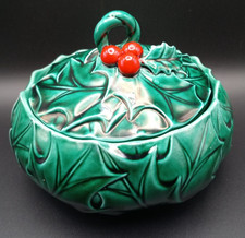 Vintage Lefton Ceramic Green Christmas Holly Berry Candy or Sauce Dish Japan picture