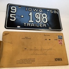 Vintage Iowa 1958 Trailer License Plate Camper Wagon Farm Car picture