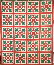 Vintage 20's Red & Green Oak Leaf Reel Applique Antique Quilt picture