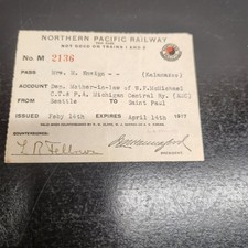 Vintage 1917 Northern Pacific Railway Trip Pass Seattle St. Paul Ephemera picture