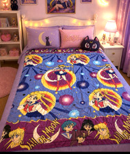 1995 Sailor Moon Purple and Blue TOEI Animation Twin Comforter Blanket 57