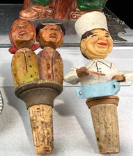 Vtg 50s ANRI Carved Man Drinks From Bottle Mechanical Wine Cork Bottle Stoppers picture