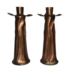 Vintage Brutalist Bronze Candlesticks Pair Mid Century Modern Sculptural Artisan picture
