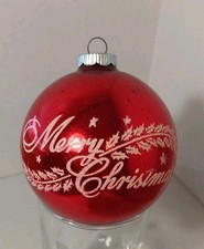 VTG Shiny Brite Large 3.25” RED  MERRY CHRISTMAS Stenciled Glass Ornament picture