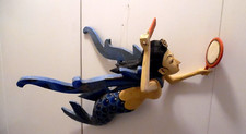 HAND CRAFTED WOODEN MYTHICAL MERMAID BALINESE GODDESS W/COMB & MIRROR 20
