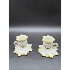 Vintage Ceramic Taper Candle Holders Pair Ivory Gold Floral Leaf Base Handles picture