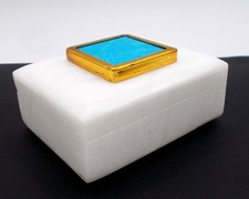 Vintage White Marble Box Blue Turquoise Square Inset Trinket Hinged Jewelry Box picture