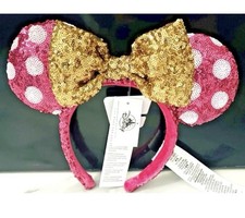 Disney Parks Ears Pink White And Gold Bow Sequins Minnie Mickey Headband NEW picture