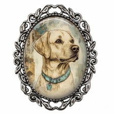 Yellow Lab Labrador Brooch Vintage Boho Pin Silver Glass Dome Lab Mom Gift picture