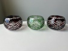 Vintage Bohemian Cut Glass Cobalt Blue Green Red Candle Holders Set Of 3 picture
