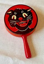 Vintage 1950’s Halloween Tin Litho Black Cat Noisemaker, Kirchhof RARE FIND picture