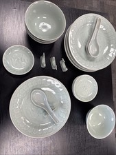 Celadon 20 Pc Vtg Chinese Longquan Koi Fish Plates, Bowls, Rests & Spoons Set picture