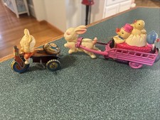 SET OF TWO VTG CELLULOID & TIN ANTIQUE EASTER TOYS RABBIT CHICKS WIND UP PUSH picture