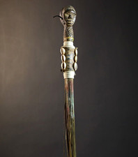 African Fly Whisk Hand Carved Wood Cowrie Shell Decor -G4776 picture