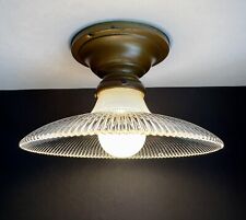 Antique Holophane Commercial Brass Ceiling Light Fixture Ribbed Round Prismatic picture