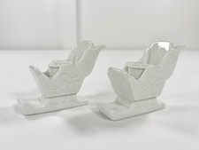 2 Vintage Colonial Candle Co White Ceramic Sleigh Christmas Taper Holder Pair picture