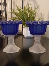 Vintage Cobalt Blue Glass Candle Holder  Satin Glass Bobble Edge Pair Excellent  picture
