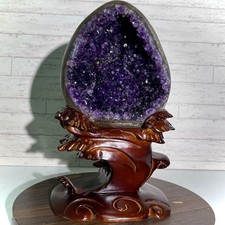 12.4 lb Amethyst Geode Dragon Egg Cluster w/ Wood Stand Crystal Home Decor picture