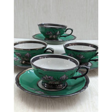 Vintage RW Bavaria Cup & Saucer Porcelain Floral Green White Set of 4 Germany picture