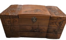 Vintage Hand Carved Asian Wood Jewelry Box, 3 Fold Opening And Closure picture