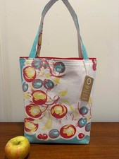#868 Vintage 1950s Aqua Apples Cherries Vintage Tablecloth Tote Shopping Bag NEW picture