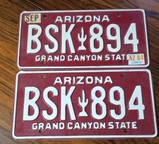 VTG Pair Arizona License Plates Maroon Cactus BSK 894 Matched Set YOM DMV picture