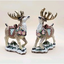 Vtg FITZ & FLOYD Christmas Pair Reindeer Candle Holders Centerpiece Bow picture