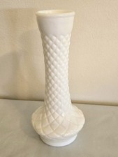 Vintage  White Randall Milk Glass Diamond Quilted Pattern Flower Bud Vase 9