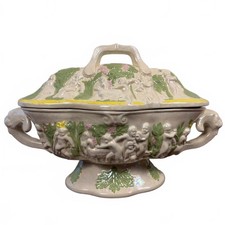 Large Vintage Iridescent Ceramic Pedestal Tureen - Cherubs & Grotesque Handles picture