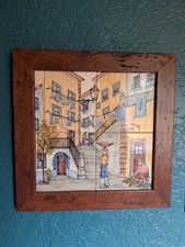 Vintage Lisbon Portugal Framed Ceramic Tile Wall Art 15x15 Street Scene picture