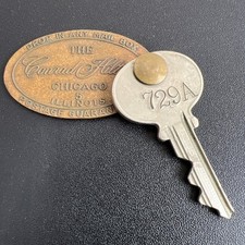 Vintage Conrad Hilton Bronze Hotel Key Chicago Room Keychain Fob MCM Brass IL picture