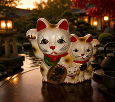 Vintage Kitsch Maneki Neko Good Luck White Cats Bank, Approx 5”x 5.5” picture