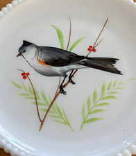 Westmoreland Beaded Edge Milk Glass Plate with Hand Painted Mockingbird   7 3/8” picture