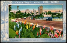 Postcard Wilshire Blvd. from Gen. Douglas MacArthur Park, Los Angeles, CA  Linen picture