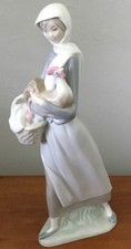 Beautiful Retired Lladro Girl with Basket and Cockerel Rooster #4591 - Fast Ship picture