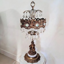 Vintage Hollywood Regency Brass & Crystal Candelabra Table Lamp  3 Light Cherub picture
