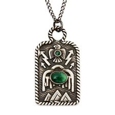 NATIVE FRED HARVEY STERLING GREEN TURQUOISE THUNDERBIRD DOG TAG NECKLACE 18