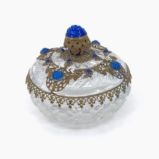 Vintage Cut Crystal Trinket Box Blue Rose Filigree Brass Overlay Jewelry Dish picture