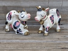 Vintage 1950s MCM Anthropomorphic Pink & Black Spotted Cow Salt & Pepper Shakers picture