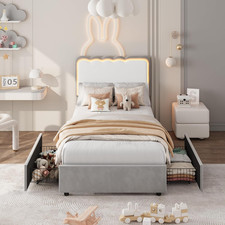 Twin XL LED Bed Frame with Storage Drawers, Wave Headboard, Grey picture