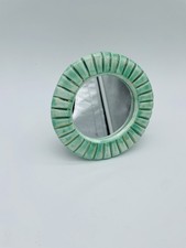 Hazel Mazel Small Round Stoneware Green Stripes & Gold Desk /Table Mirror 4 3/4” picture