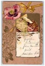 1901 Cute Little Girl Curly Hair Nuts Flowers Embossed Posted Antique Postcard picture